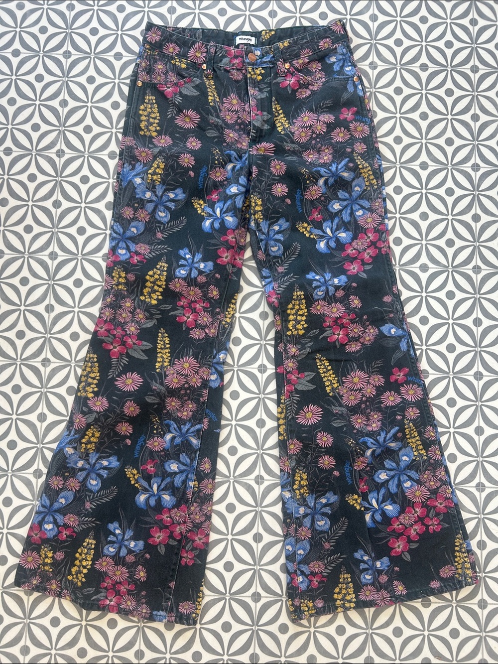Wrangler Black Flared Jeans with Blue, Pink & Yellow Floral Print